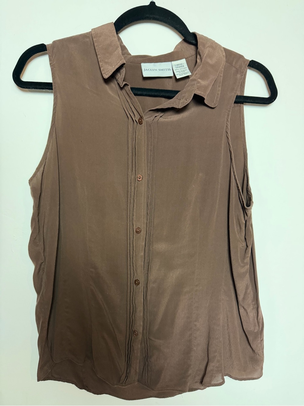 100% Silk Brown Sleeveless Button Front Blouse Large Pintuck Collared Top